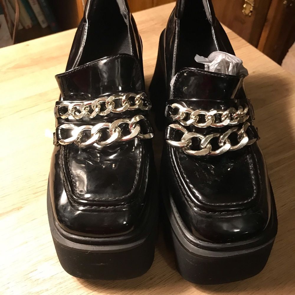 Gothic Black Platform Loafers with Silver Double Chain Patent Leather 42